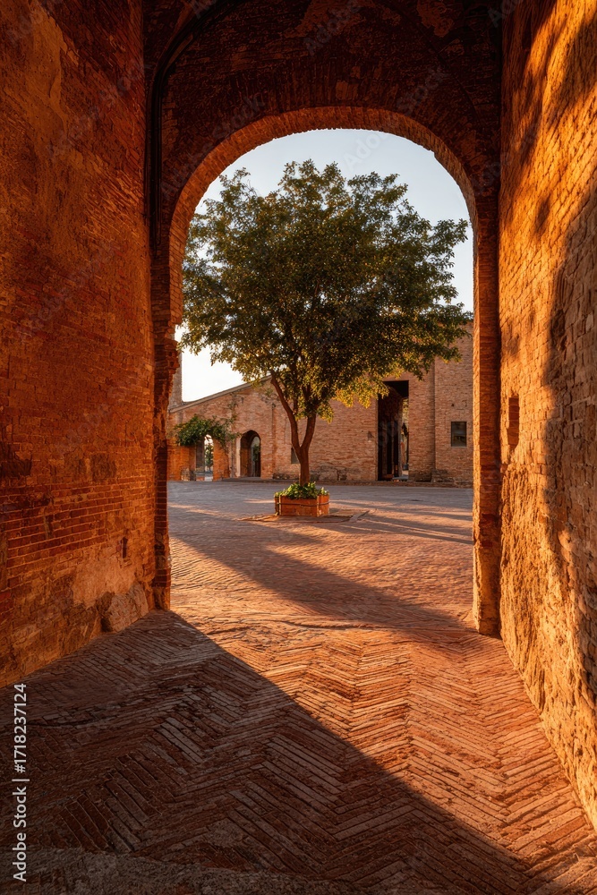 Obraz premium Sunlight streams through an archway into a terracotta-hued courtyard, a small tree centered