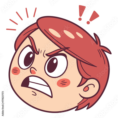 Cartoon angry boy face with furrowed brows and clenched teeth