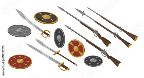 Isometric medieval and vintage weapons collection with shields and swords