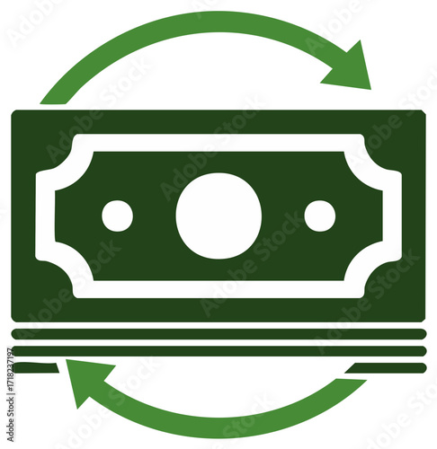 Green banknotes with circulating arrows symbolizing money exchange and financial transaction flow