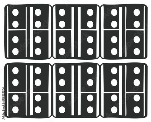 Arrangement of Dark Gray Domino Tiles with White Pips Forming a Full Pattern