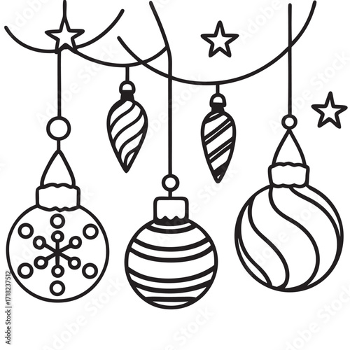 Festive Christmas Ornaments and Stars Black and White Decoration