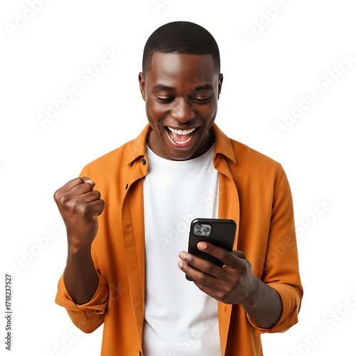 Excited black man celebrating a mobile win using his smartphone technology success isolated on transparent background