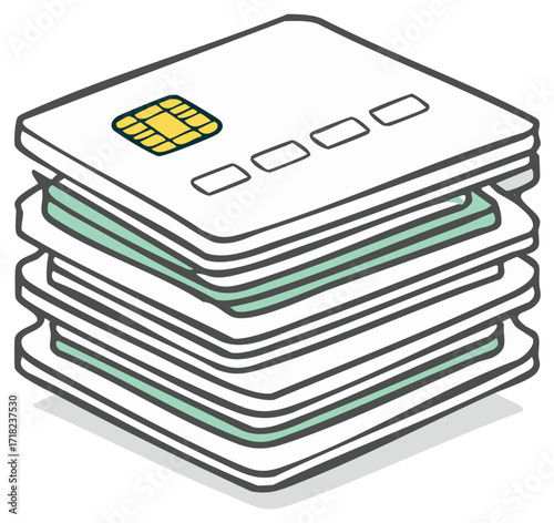 Stack of credit cards with chip, illustration of financial transactions and payment