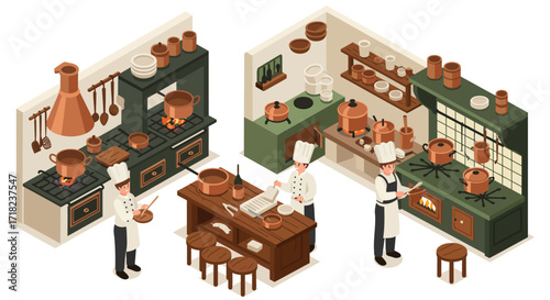 Isometric kitchen design with chefs cooking in a cozy restaurant setting