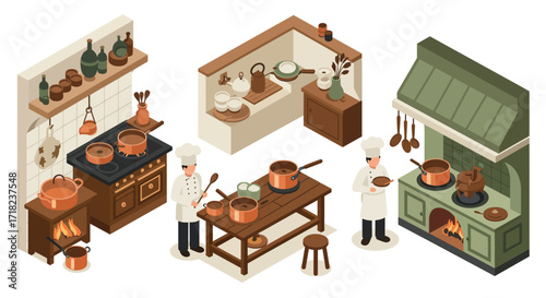 Isometric kitchen cooking scene with chefs and rustic décor