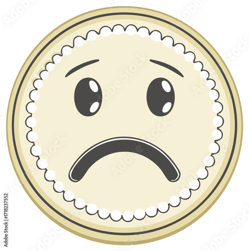 Sad face in a circle with a border and decorative details.