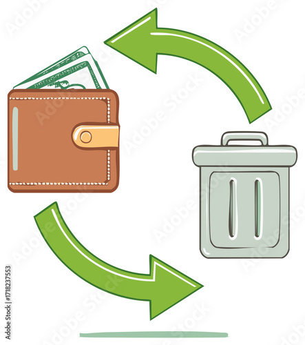 Wasting Money and Financial Loss Concept with Wallet and Trash Can