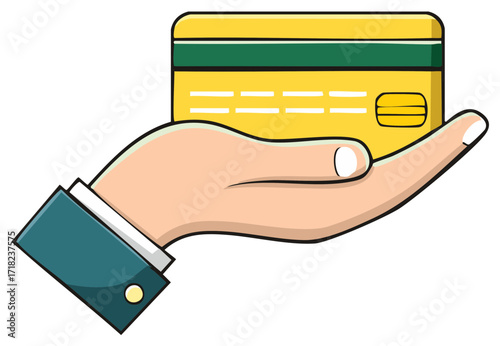 Hand holding a yellow credit card with green stripe and white lines