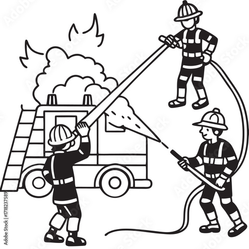 Firefighters battling fire with water hoses and fire truck illustration