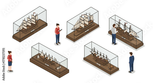 Isometric museum exhibition with people viewing ship models