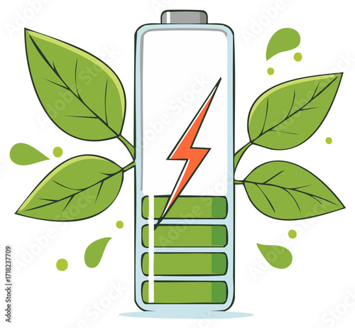 Eco-Friendly Battery Charging with Green Leaves Sustainable Power Concept Illustration