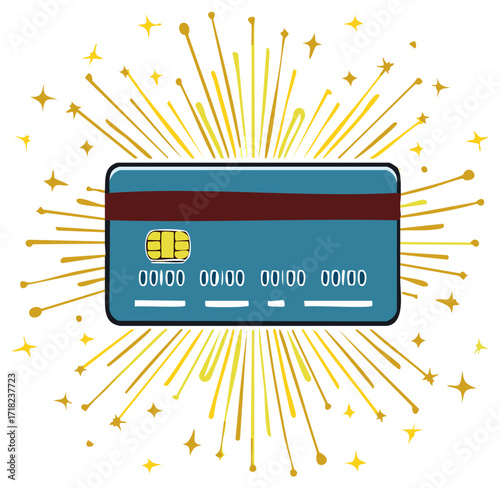 Credit card with starburst effect. Modern illustration of finance or reward concept.