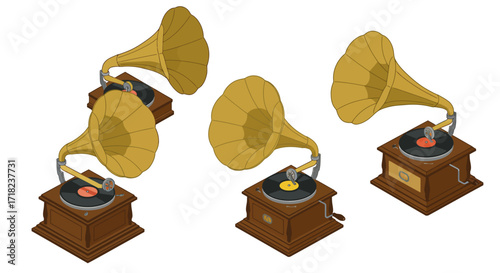 Vintage isometric gramophones with golden horns and wooden base