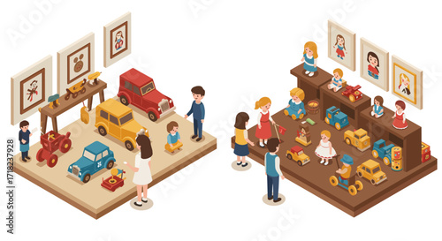 Isometric vintage toy exhibit: nostalgic showcase of classic cars and dolls