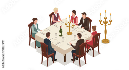 Elegant isometric dinner party with guests seated around a candlelit table