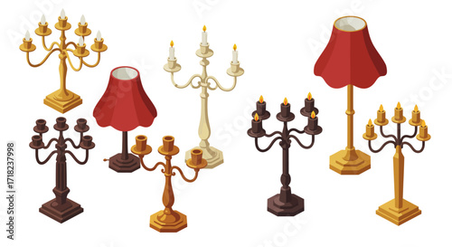 Elegant isometric candle holders and lamps in various vintage designs