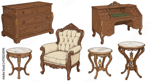 Elegant antique furniture set featuring intricate woodwork and classic design