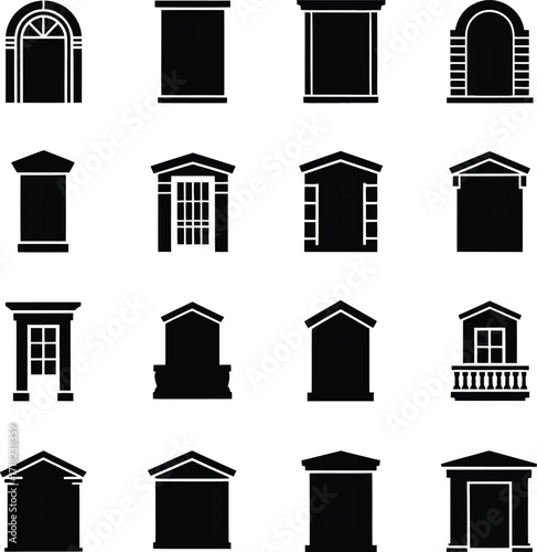 Building Structure Vector Icons  Minimalist Architecture Silhouette Set Featuring Door, Window, Stairs, Balcony, Roof, Brick, Dome, and Fence for Interior, Exterior, Realty & Construction Projects