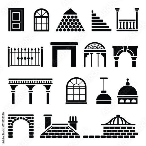 Building Structure Vector Icons  Minimalist Architecture Silhouette Set Featuring Door, Window, Stairs, Balcony, Roof, Brick, Dome, and Fence for Interior, Exterior, Realty & Construction Projects