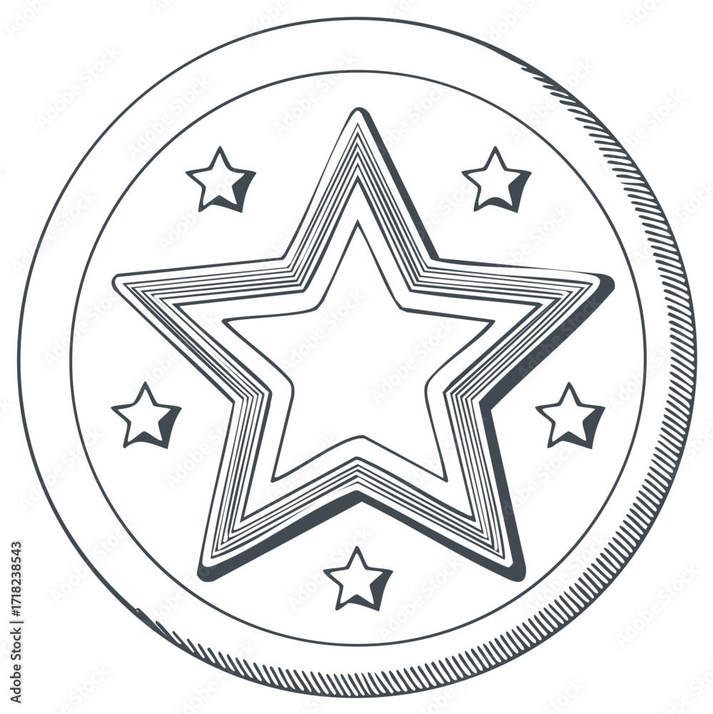 Obraz premium Sketchy illustration of a circle with layered star and smaller stars, symbol of achievement, reward, recognition; isolated design element.