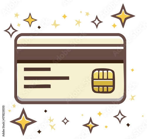 Stylized plastic credit or debit card with microchip and magnetic stripe surrounded by sparkling stars