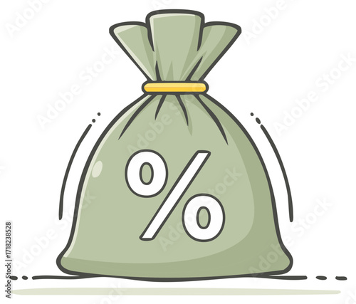 Cartoon money bag with percent symbol. Concept of interest rate, loan, or profit.