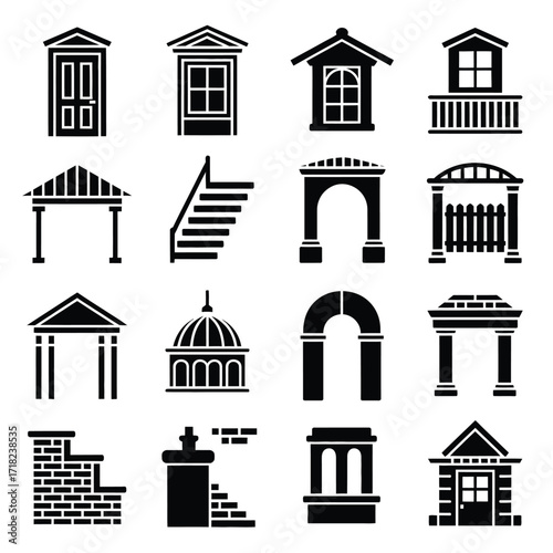 Building Structure Vector Icons  Minimalist Architecture Silhouette Set Featuring Door, Window, Stairs, Balcony, Roof, Brick, Dome, and Fence for Interior, Exterior, Realty & Construction Projects