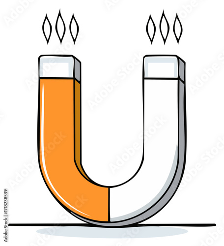 Cartoon illustration of a U-shaped magnet with lines of magnetic force and bold outlines.