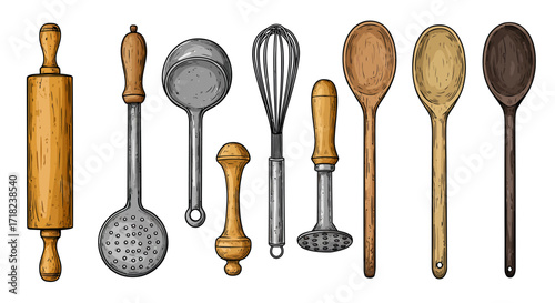 Hand-drawn kitchen utensils collection on white background