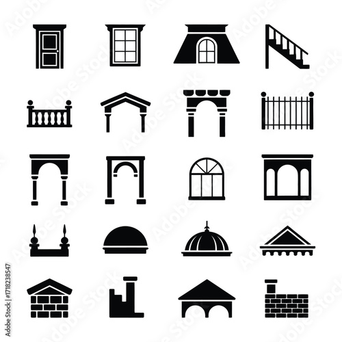 Building Structure Vector Icons  Minimalist Architecture Silhouette Set Featuring Door, Window, Stairs, Balcony, Roof, Brick, Dome, and Fence for Interior, Exterior, Realty & Construction Projects