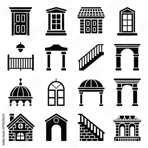 Building Structure Vector Icons  Minimalist Architecture Silhouette Set Featuring Door, Window, Stairs, Balcony, Roof, Brick, Dome, and Fence for Interior, Exterior, Realty & Construction Projects