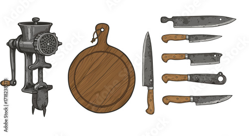 Vintage kitchen tools with manual meat grinder and wooden cutting board