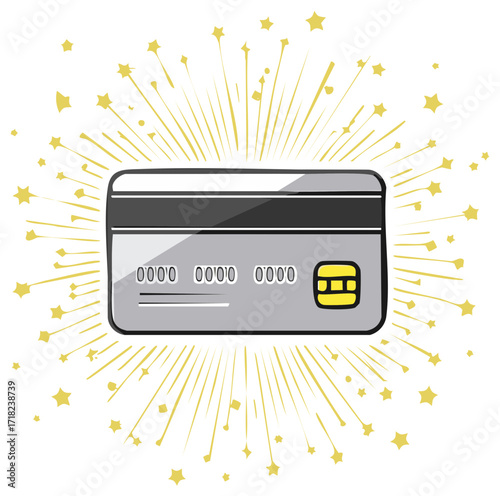Hand Drawn Credit Card with Golden Starburst and Sparkles