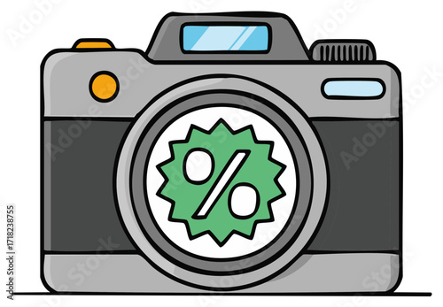 Cartoon camera with a green discount badge. Promoting sales and offers for digital photography and equipment.