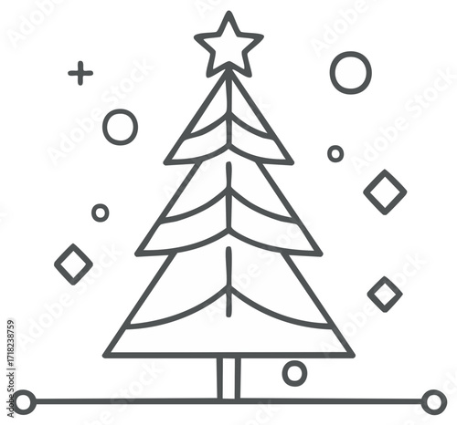 Line art Christmas tree with star topper and simple decoration icons