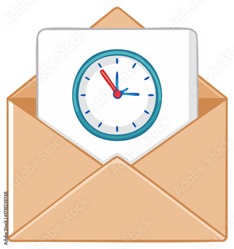 Open envelope reveals a clock face with hands pointing to the time