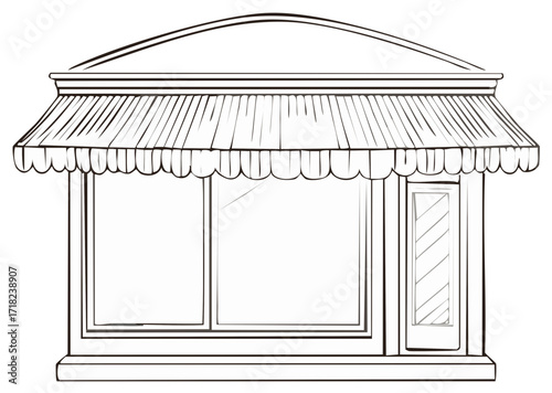 Hand drawn sketch of a charming storefront with large display windows and awning
