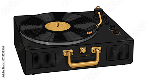 Vintage turntable with vinyl record and gold accents on white background