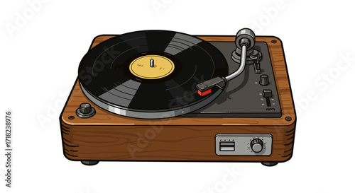 Retro vinyl turntable with wooden finish and stylized tonearm