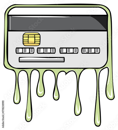 Stylized credit card with melting green drips representing debt or financial loss