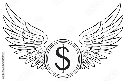 Flying Dollar Coin with Wings Graphic Illustration Black and White Money Symbol