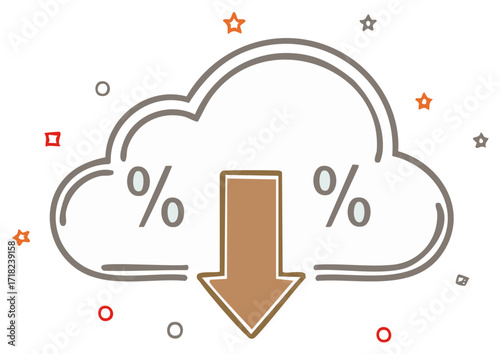 Hand drawn cloud icon with percentage signs and a download arrow for sales and discounts
