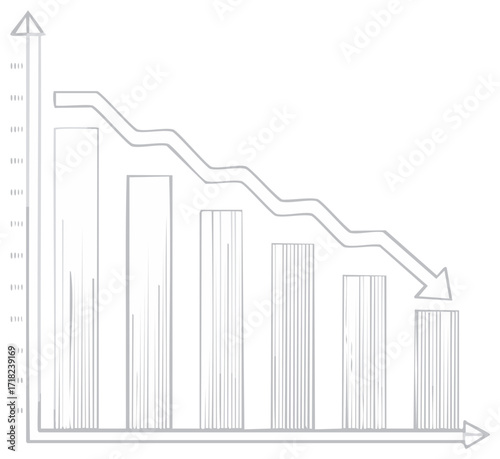 Decreasing Bar Chart with Downward Arrow Line Sketch Illustration
