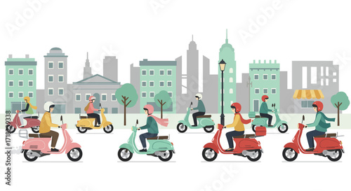 Colorful scooters in urban cityscape with riding people and skyline