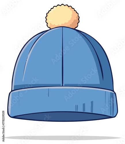 Blue knitted winter hat with pompom illustration. Winter clothing accessory.