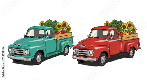 Vintage pickup trucks with fresh produce: charming farm transport imagery in…