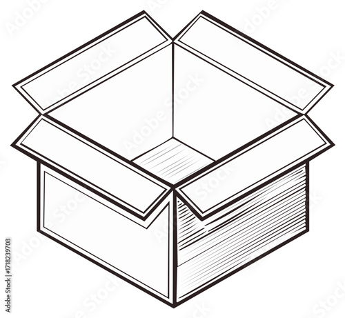 Open empty cardboard box vector line art illustration for shipping or moving
