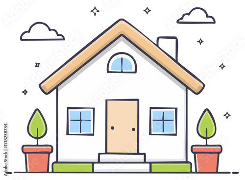 Cute house illustration with plants and clouds for real estate concept