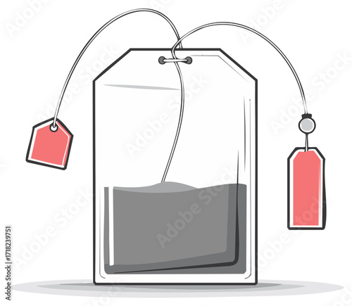 Illustration of a tea bag with a red label hanging inside a cup, beverage concept.